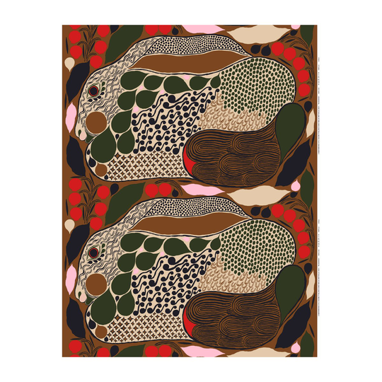 Marimekko Rusakko puuvillakangas ruskea-tummansininen-punainen